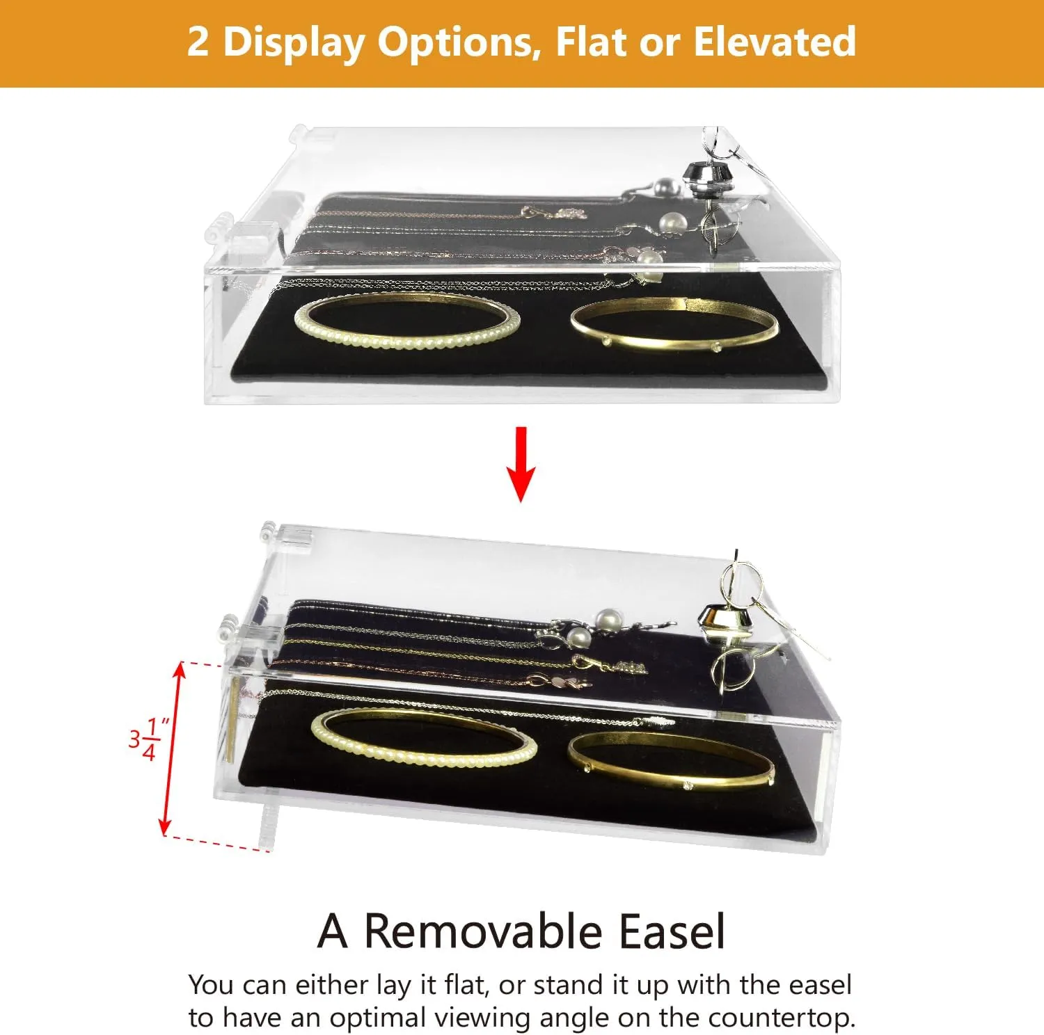MOOCA Acrylic Rectangular Marketing Holder Locking Security Showcase Safe Box Display Tray, Perfect for Watches Jewelry, Knives, Eyewear with a Key and a Black Padding