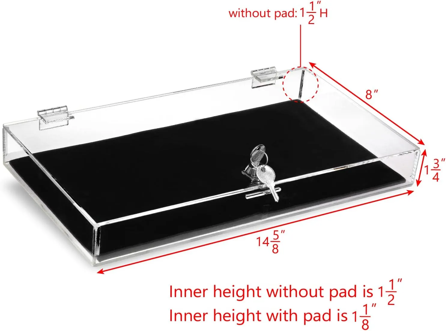MOOCA Acrylic Rectangular Marketing Holder Locking Security Showcase Safe Box Display Tray, Perfect for Watches Jewelry, Knives, Eyewear with a Key and a Black Padding