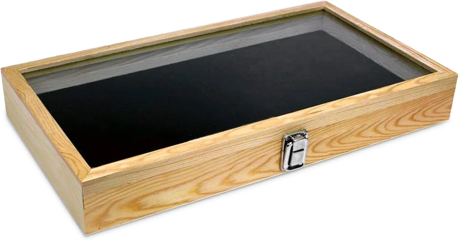 MOOCA Wooden Jewelry Display Case, Jewelry Organizer Case with Tempered Glass Top Lid & Removable Black Luxurious MDF Velvet Jewelry Display Pad, Natural Wood Colo