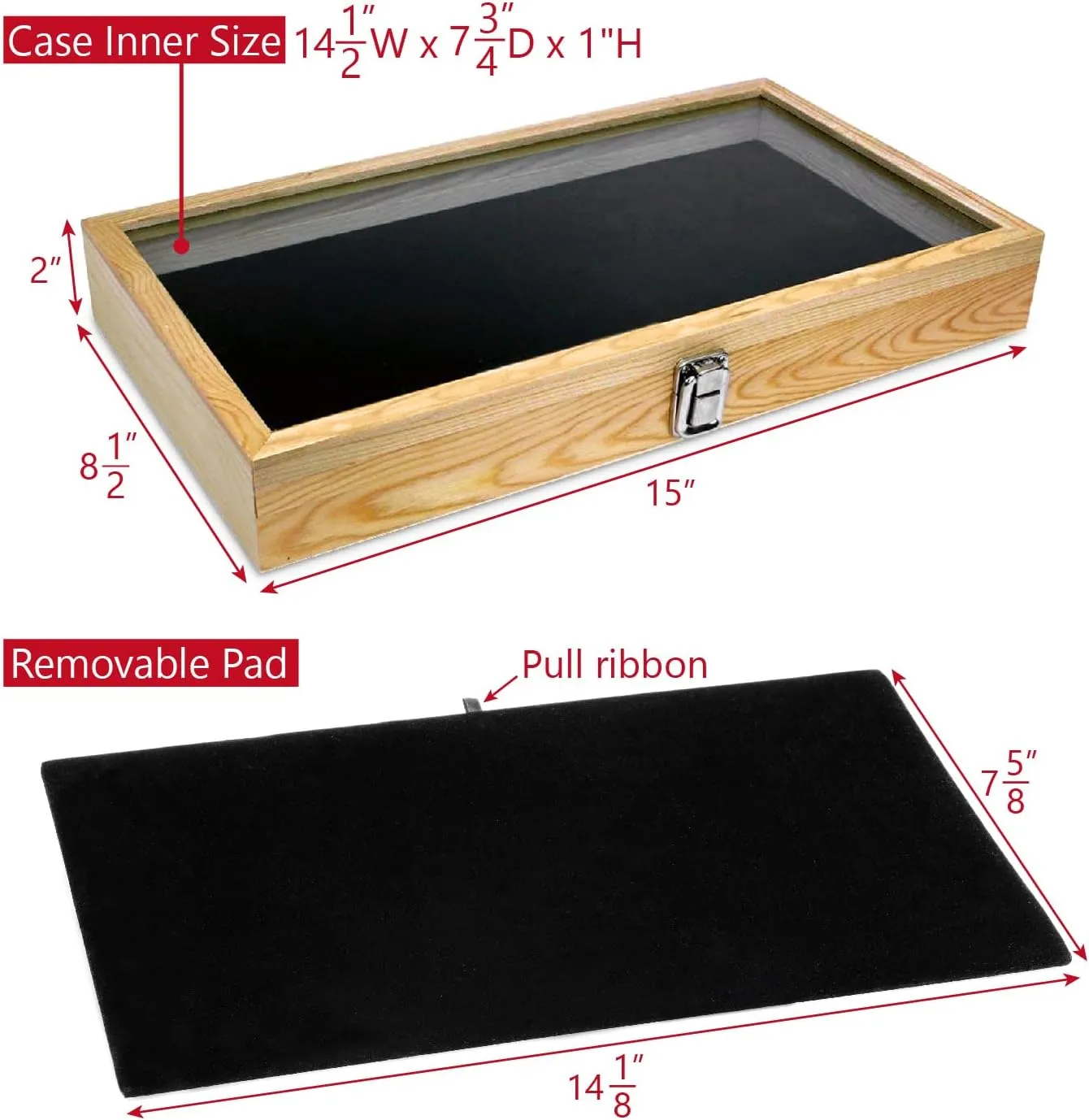 MOOCA Wooden Jewelry Display Case, Jewelry Organizer Case with Tempered Glass Top Lid & Removable Black Luxurious MDF Velvet Jewelry Display Pad, Natural Wood Colo
