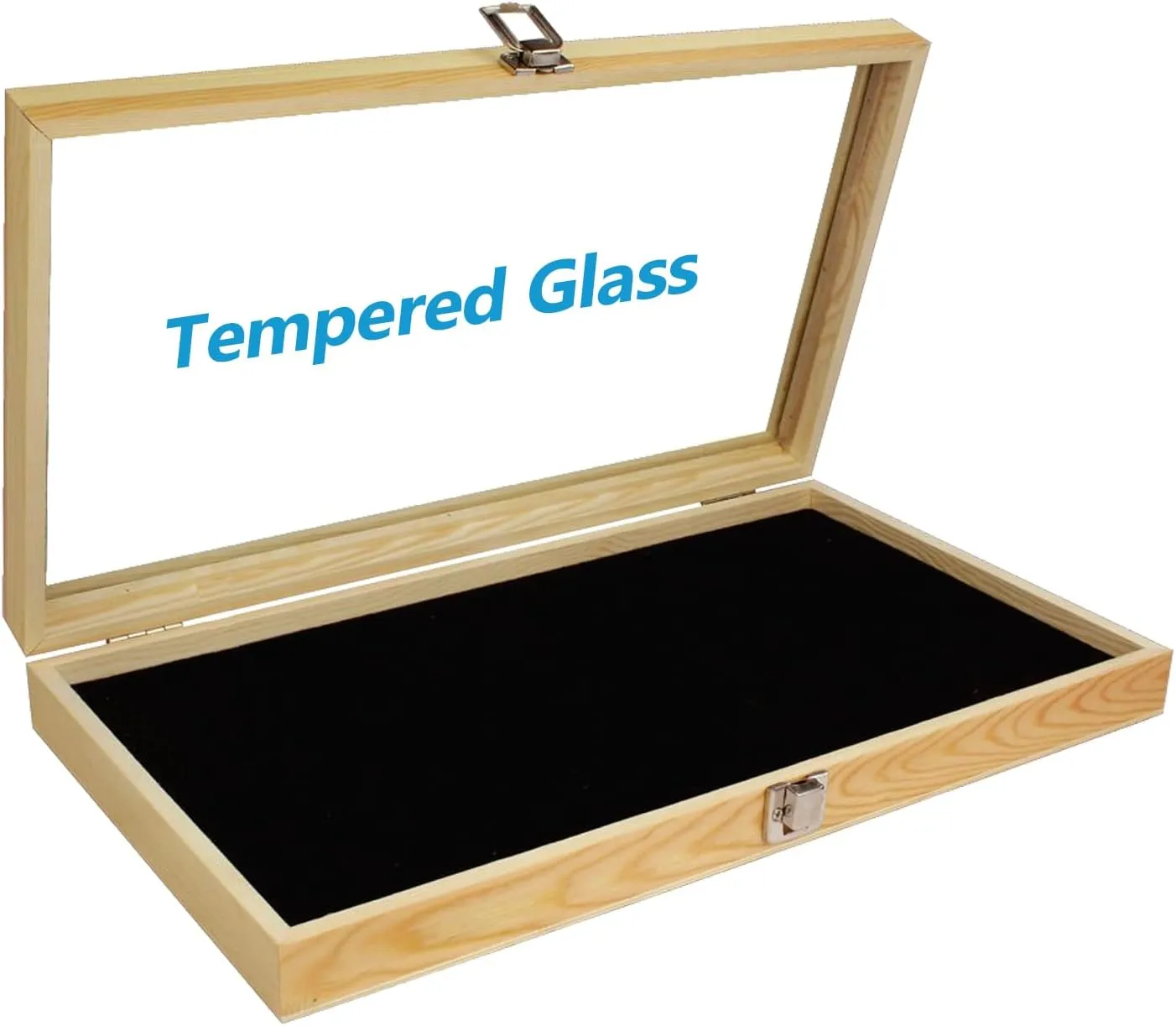 MOOCA Wooden Jewelry Display Case, Jewelry Organizer Case with Tempered Glass Top Lid & Removable Black Luxurious MDF Velvet Jewelry Display Pad, Natural Wood Colo