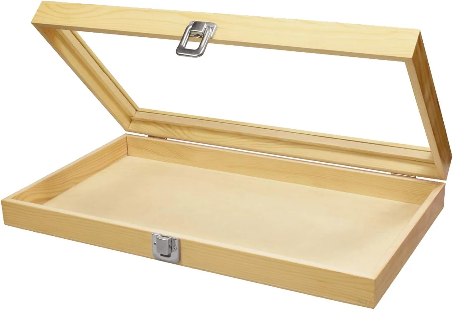 MOOCA Wooden Jewelry Display Case, Jewelry Organizer Case with Tempered Glass Top Lid & Removable Black Luxurious MDF Velvet Jewelry Display Pad, Natural Wood Colo