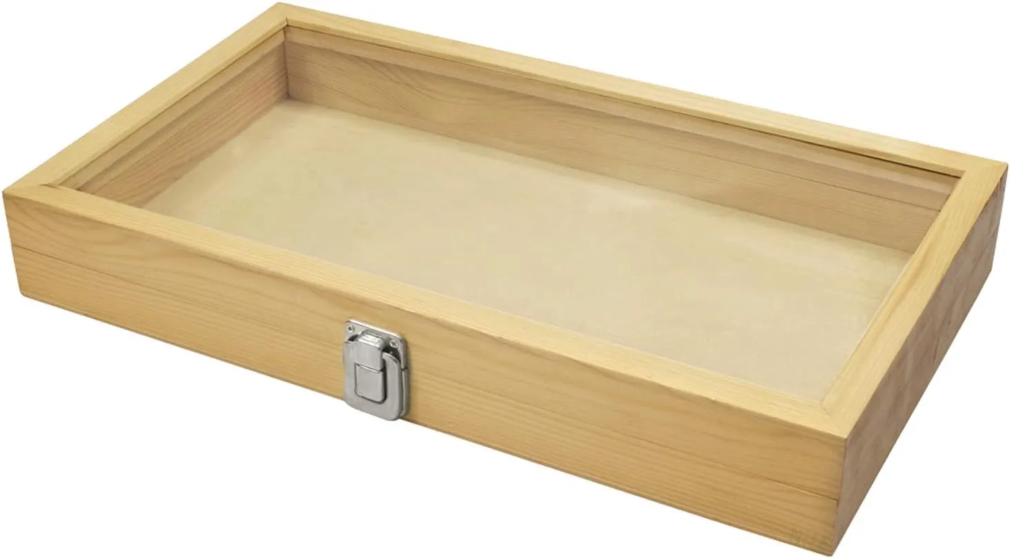 MOOCA Wooden Jewelry Display Case, Jewelry Organizer Case with Tempered Glass Top Lid & Removable Black Luxurious MDF Velvet Jewelry Display Pad, Natural Wood Colo