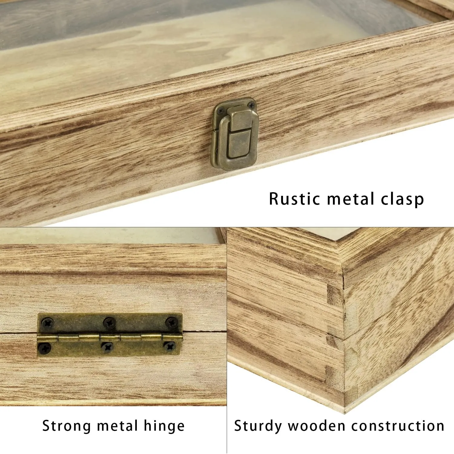MOOCA Wooden Jewelry Display Case, Pocket Knife Display Case with Tempered Glass Top Lid and Removable Black Luxurious MDF Velvet Jewelry Pad, Oak Color