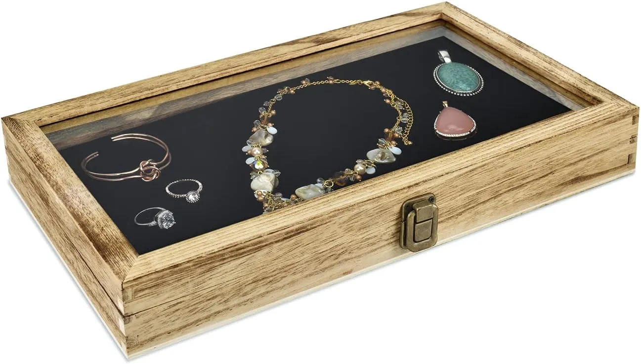 MOOCA Wooden Jewelry Display Case, Pocket Knife Display Case with Tempered Glass Top Lid and Removable Black Luxurious MDF Velvet Jewelry Pad, Oak Color