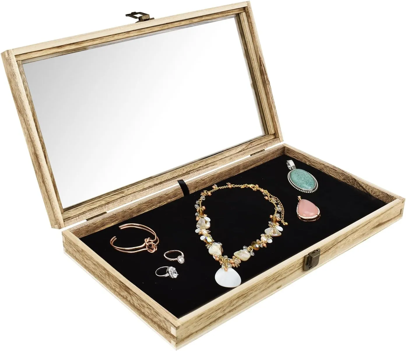 MOOCA Wooden Jewelry Display Case, Pocket Knife Display Case with Tempered Glass Top Lid and Removable Black Luxurious MDF Velvet Jewelry Pad, Oak Color