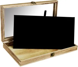 MOOCA Wooden Jewelry Display Case, Pocket Knife Display Case with Tempered Glass Top Lid and Removable Black Luxurious MDF Velvet Jewelry Pad, Oak Color