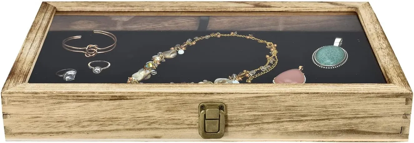 MOOCA Wooden Jewelry Display Case, Pocket Knife Display Case with Tempered Glass Top Lid and Removable Black Luxurious MDF Velvet Jewelry Pad, Oak Color