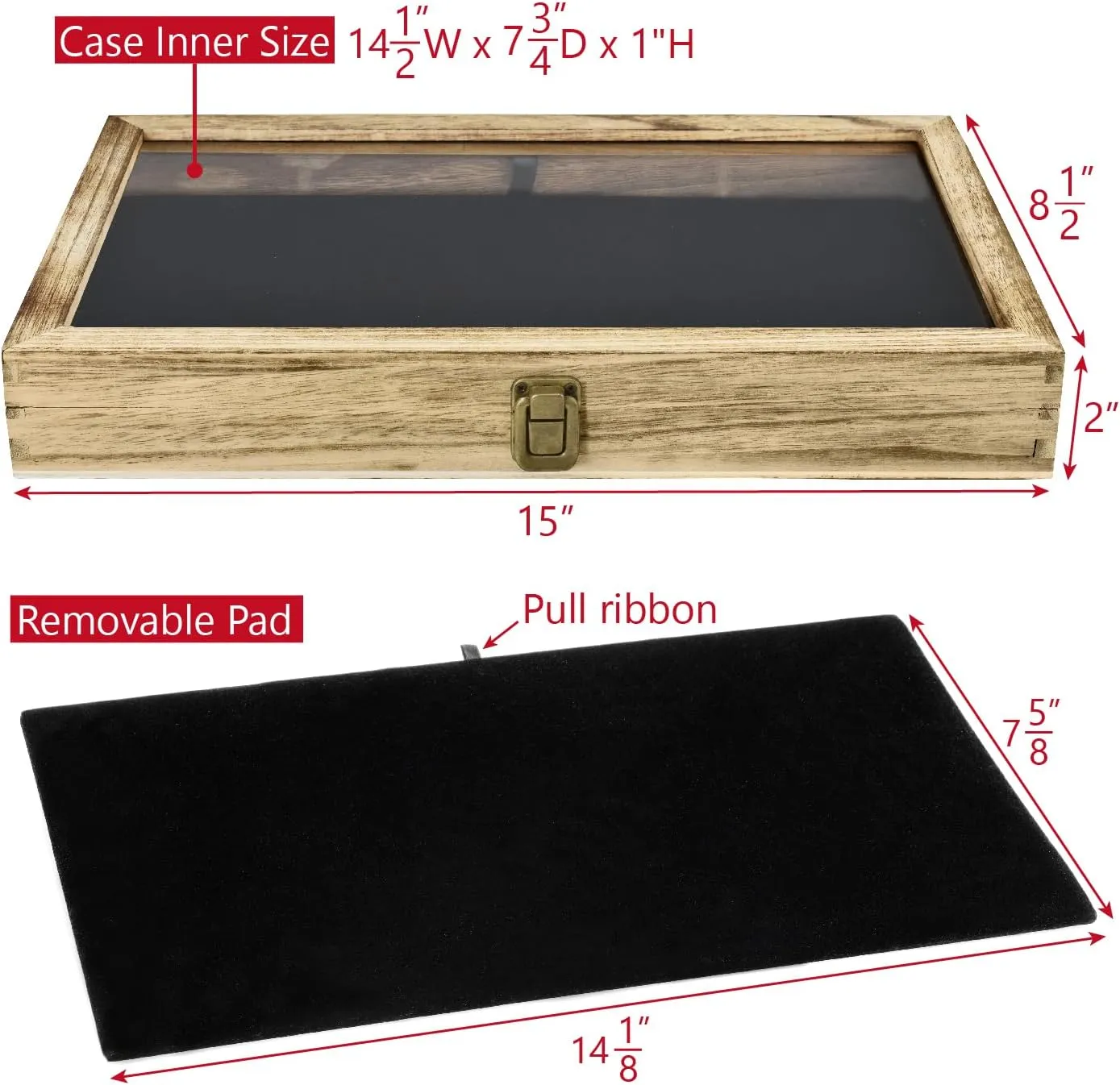 MOOCA Wooden Jewelry Display Case, Pocket Knife Display Case with Tempered Glass Top Lid and Removable Black Luxurious MDF Velvet Jewelry Pad, Oak Color