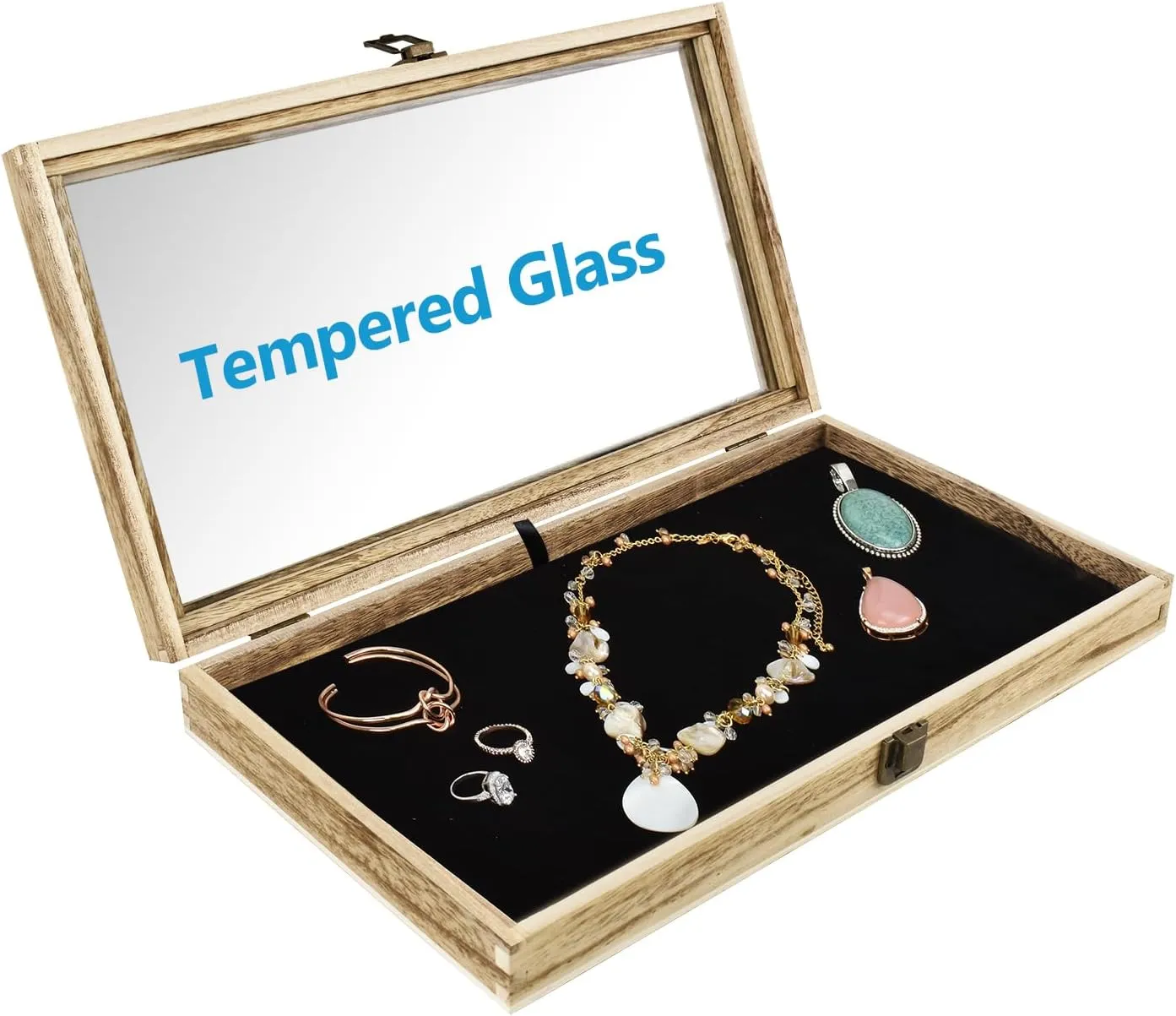 MOOCA Wooden Jewelry Display Case, Pocket Knife Display Case with Tempered Glass Top Lid and Removable Black Luxurious MDF Velvet Jewelry Pad, Oak Color