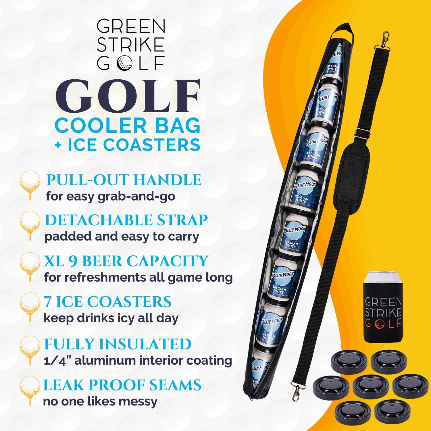 More Capacity Golf Beer Sleeve with Enhanced Adjustable Strap – Golf Bag Beer Cooler with 7 Ice Pucks, Leak-Proof Zipper & Triple Insulation – Customer-Favorite Golfing Gifts & Golf Bag Accessories