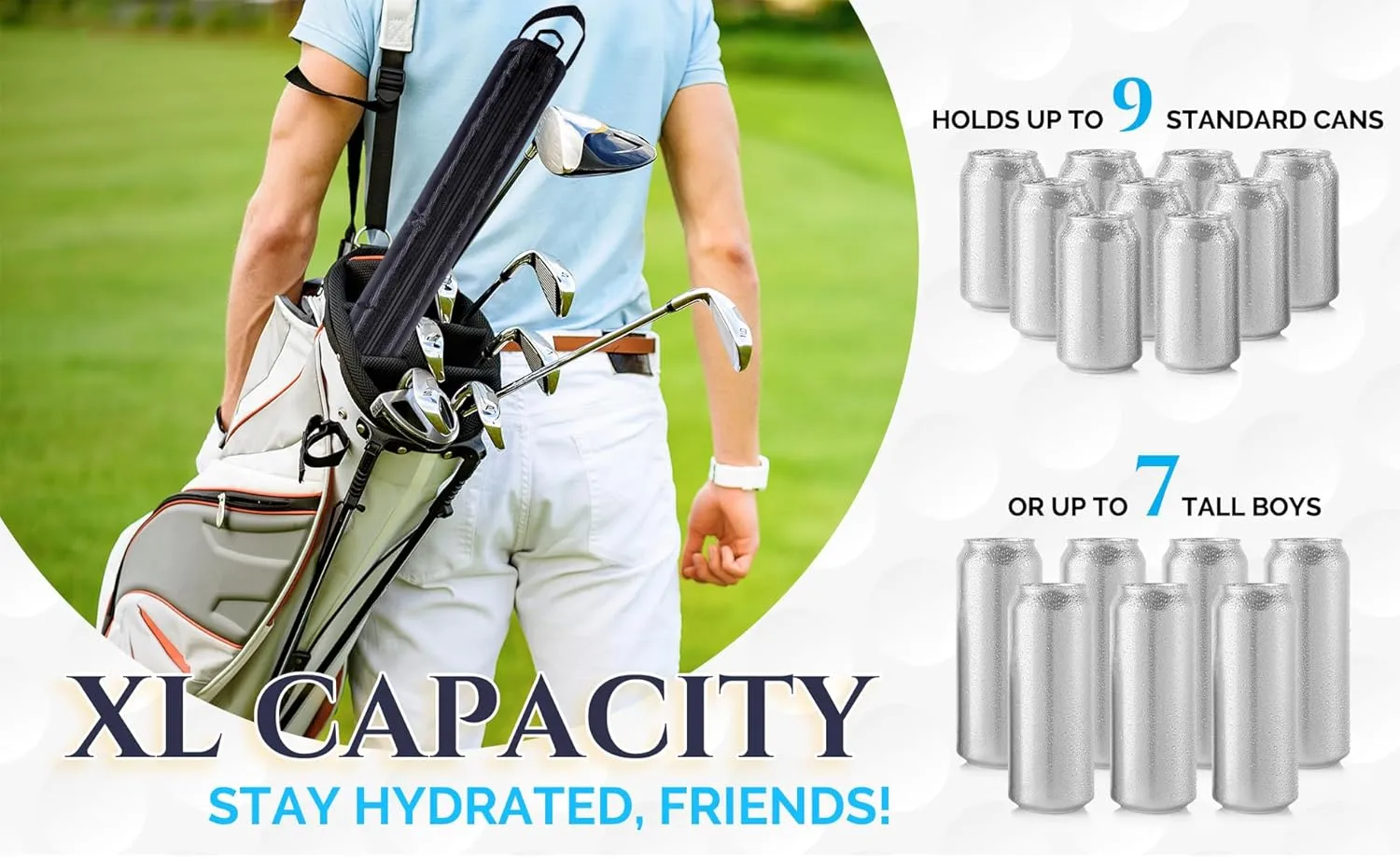 More Capacity Golf Beer Sleeve with Enhanced Adjustable Strap – Golf Bag Beer Cooler with 7 Ice Pucks, Leak-Proof Zipper & Triple Insulation – Customer-Favorite Golfing Gifts & Golf Bag Accessories