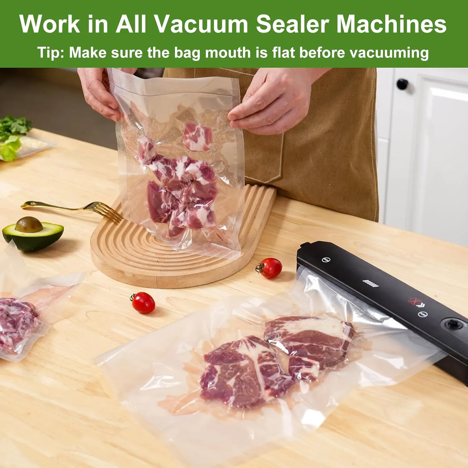 Moretoes 300pcs Vacuum Sealer Bags, 100 Gallon 11" x 16" and 100 Quart 8" x 12" and 100 Pint 6" x 10", BPA Free, Pre-cut Commercial Grade Vac Seal Meal Bags for Food Saver Storage, Meal Prep