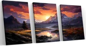 Mountain Range Sunrise Triptych Canvas Wall Art for Nature Lovers Ideal Home Decor Gift for Living Room Bedroom Weddings Holidays Anniversaries,8 in x12 in-Ready to hang