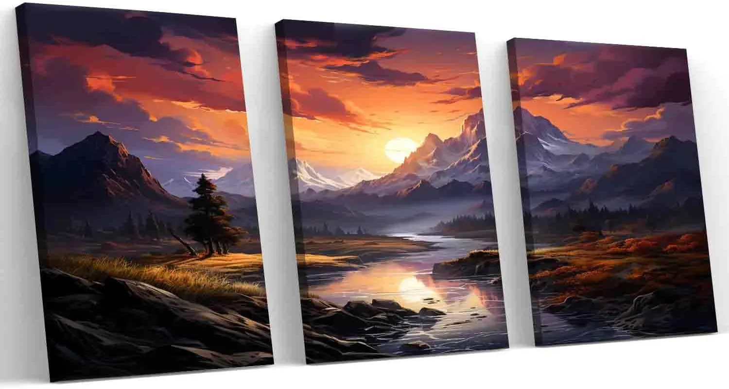 Mountain Range Sunrise Triptych Canvas Wall Art for Nature Lovers Ideal Home Decor Gift for Living Room Bedroom Weddings Holidays Anniversaries,8 in x12 in-Ready to hang