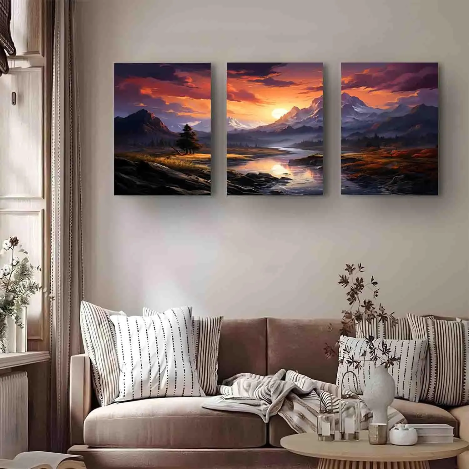 Mountain Range Sunrise Triptych Canvas Wall Art for Nature Lovers Ideal Home Decor Gift for Living Room Bedroom Weddings Holidays Anniversaries,8 in x12 in-Ready to hang