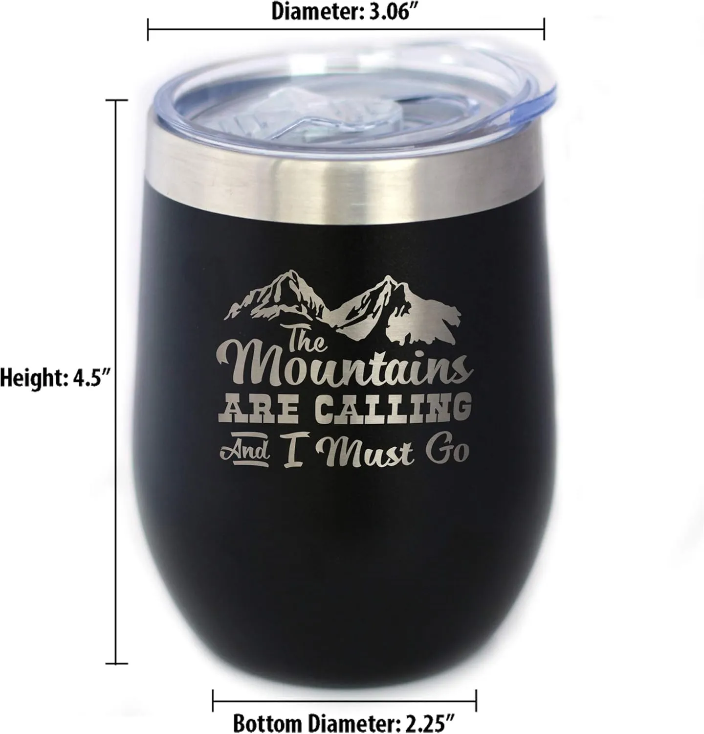 Mountains Are Calling - Wine Tumbler Glass with Sliding Lid - Stemless Stainless Steel Insulated Cup - Outdoor Hiking & Camping Gift - Black