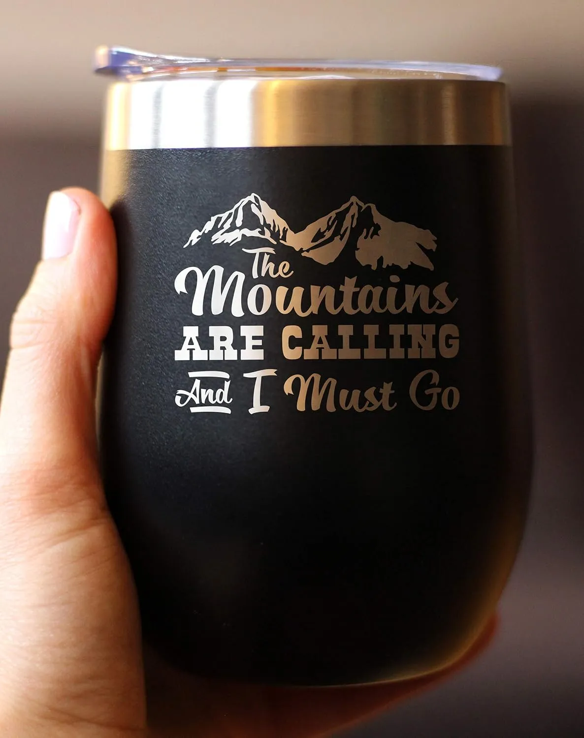 Mountains Are Calling - Wine Tumbler Glass with Sliding Lid - Stemless Stainless Steel Insulated Cup - Outdoor Hiking & Camping Gift - Black