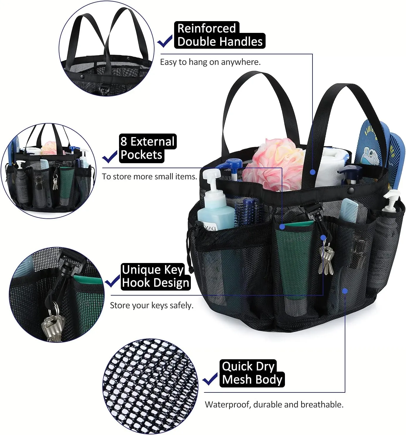 Moyad Large Mesh Shower Caddy Portable Travel Shower Caddy College Dorm Shower Basket Hanging Shower Organizer Beach Bag Tote Bag Bathroom Organizer Storage Basket Camping Shower Accessories, Black