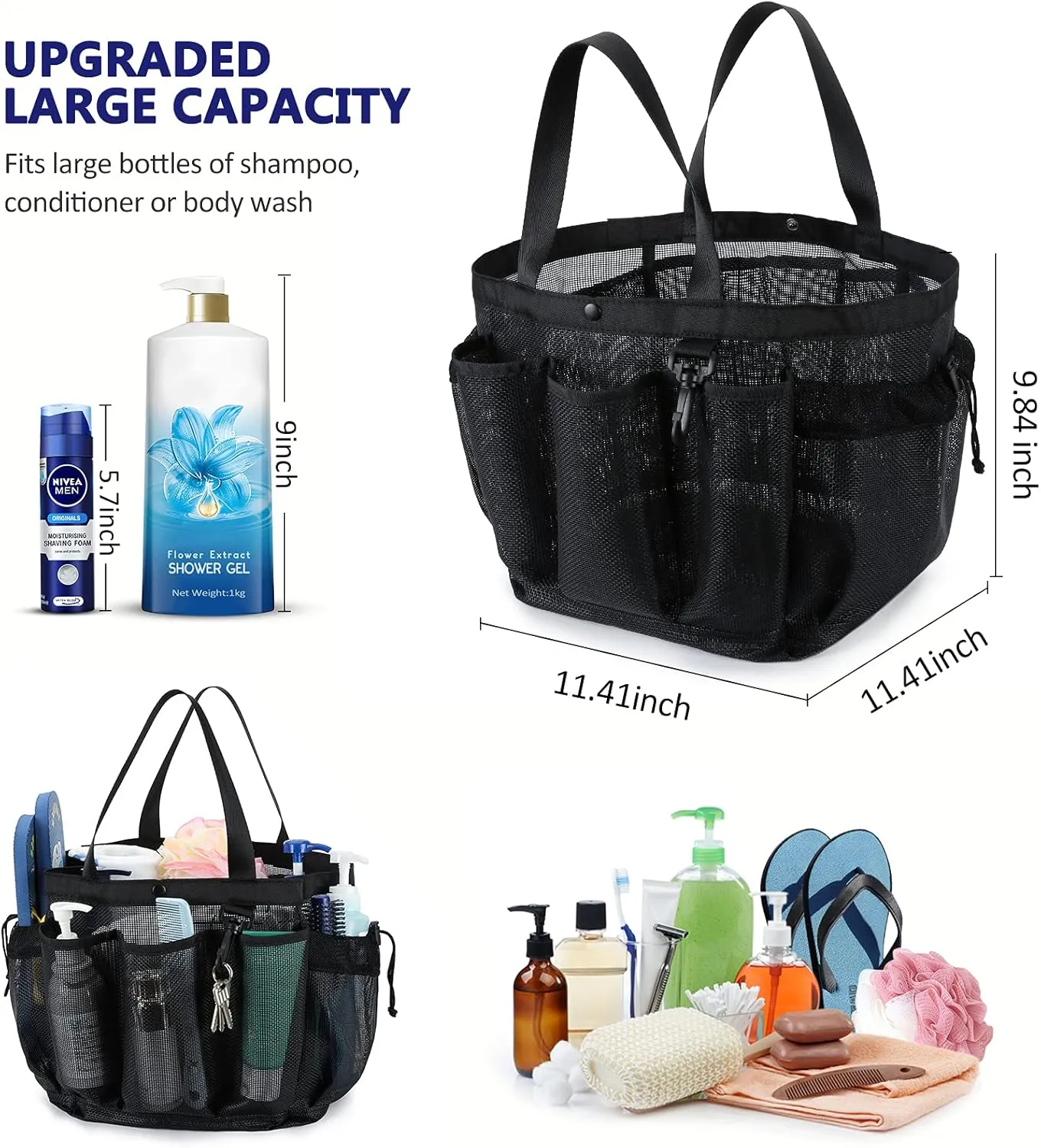 Moyad Large Mesh Shower Caddy Portable Travel Shower Caddy College Dorm Shower Basket Hanging Shower Organizer Beach Bag Tote Bag Bathroom Organizer Storage Basket Camping Shower Accessories, Black