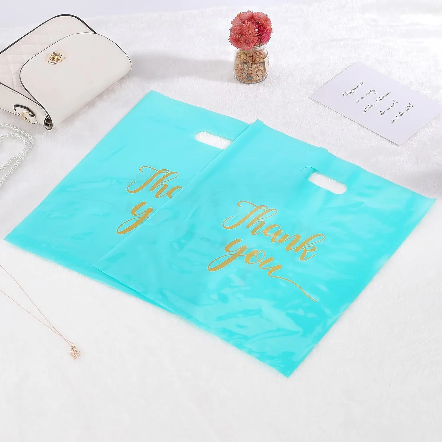 MUKOSEL 100Pcs Thank You Merchandise Bags, Extra Thick 2.36 Mil 12x15 In Retail Shopping Bags for Goodie bags Party Stores Boutique Clothes Business Gift, Reusable Plastic Bags with Handle (Blue)