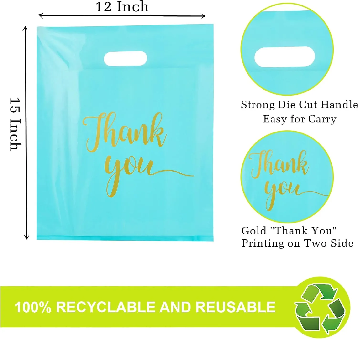 MUKOSEL 100Pcs Thank You Merchandise Bags, Extra Thick 2.36 Mil 12x15 In Retail Shopping Bags for Goodie bags Party Stores Boutique Clothes Business Gift, Reusable Plastic Bags with Handle (Blue)