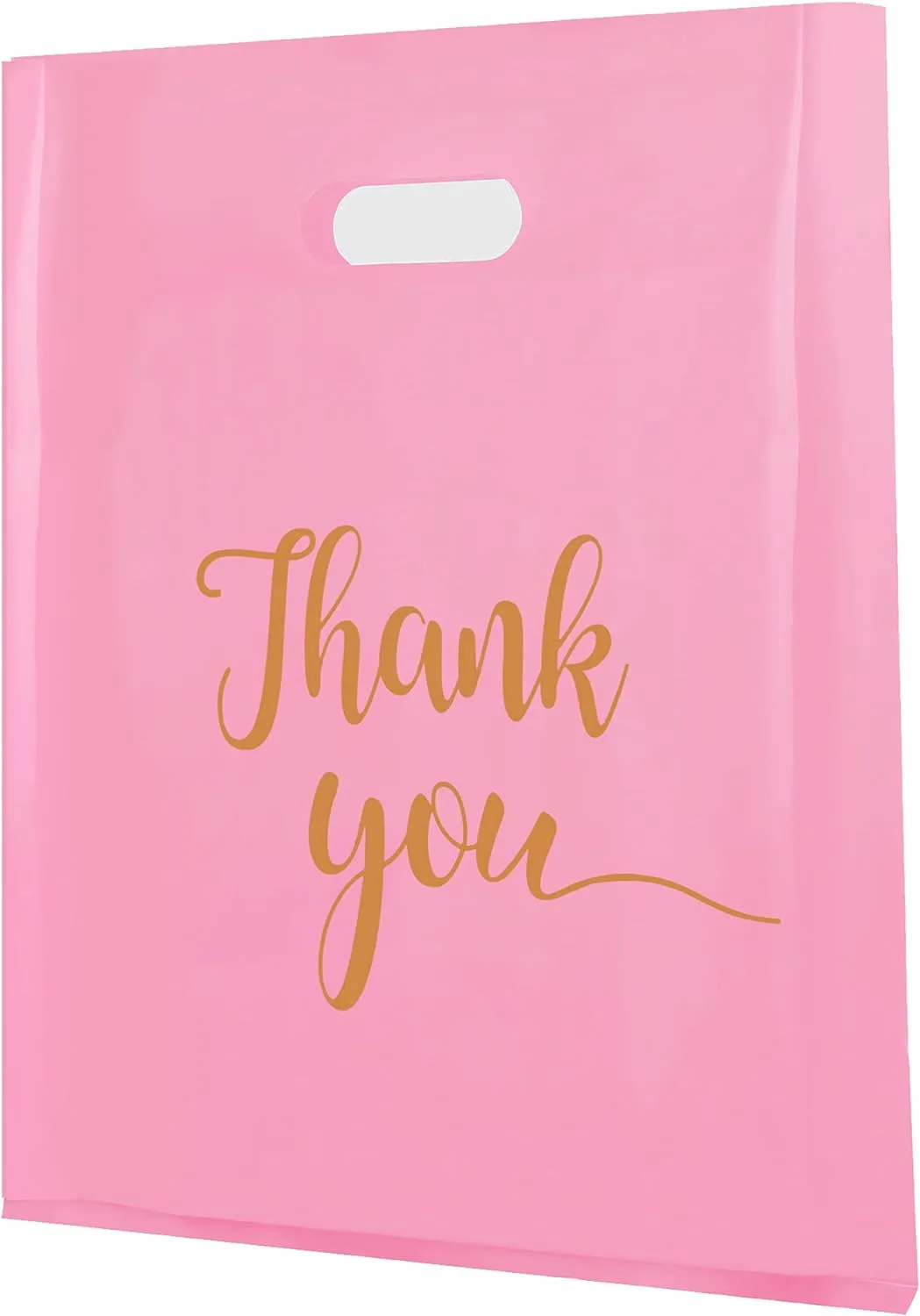 MUKOSEL 100Pcs Thank You Merchandise Bags, Extra Thick 2.36 Mil 12x15 In Retail Shopping Bags for Goodie bags Party Stores Boutique Clothes Business Gift, Reusable Plastic Bags with Handle (Pink Gold Text)