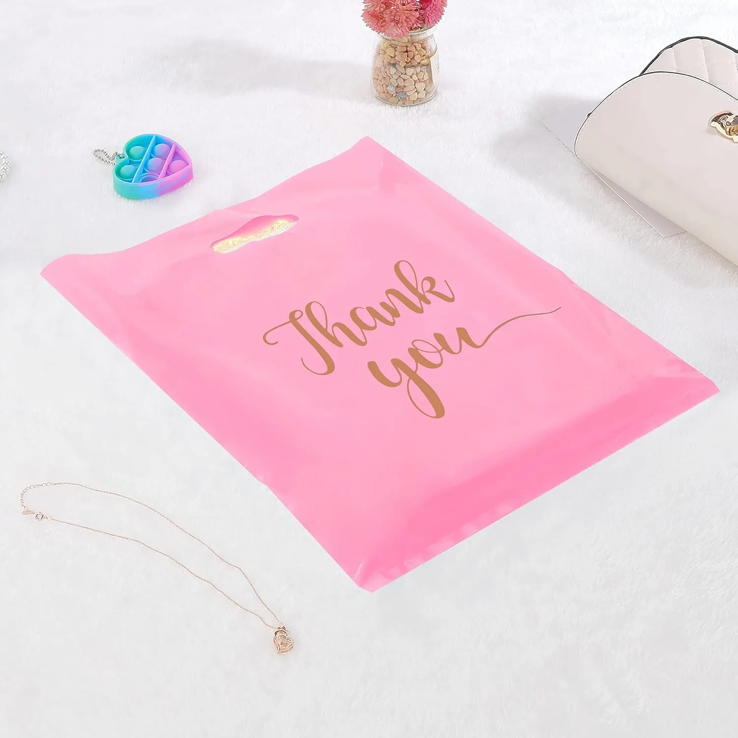 MUKOSEL 100Pcs Thank You Merchandise Bags, Extra Thick 2.36 Mil 12x15 In Retail Shopping Bags for Goodie bags Party Stores Boutique Clothes Business Gift, Reusable Plastic Bags with Handle (Pink Gold Text)
