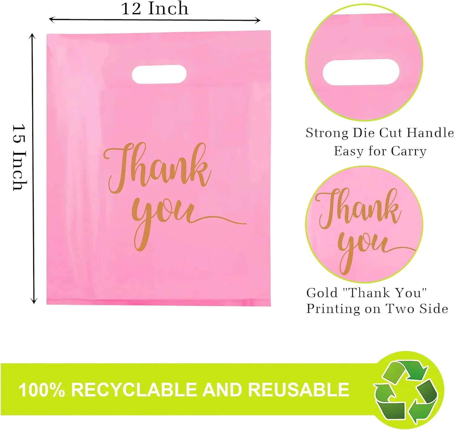 MUKOSEL 100Pcs Thank You Merchandise Bags, Extra Thick 2.36 Mil 12x15 In Retail Shopping Bags for Goodie bags Party Stores Boutique Clothes Business Gift, Reusable Plastic Bags with Handle (Pink Gold Text)
