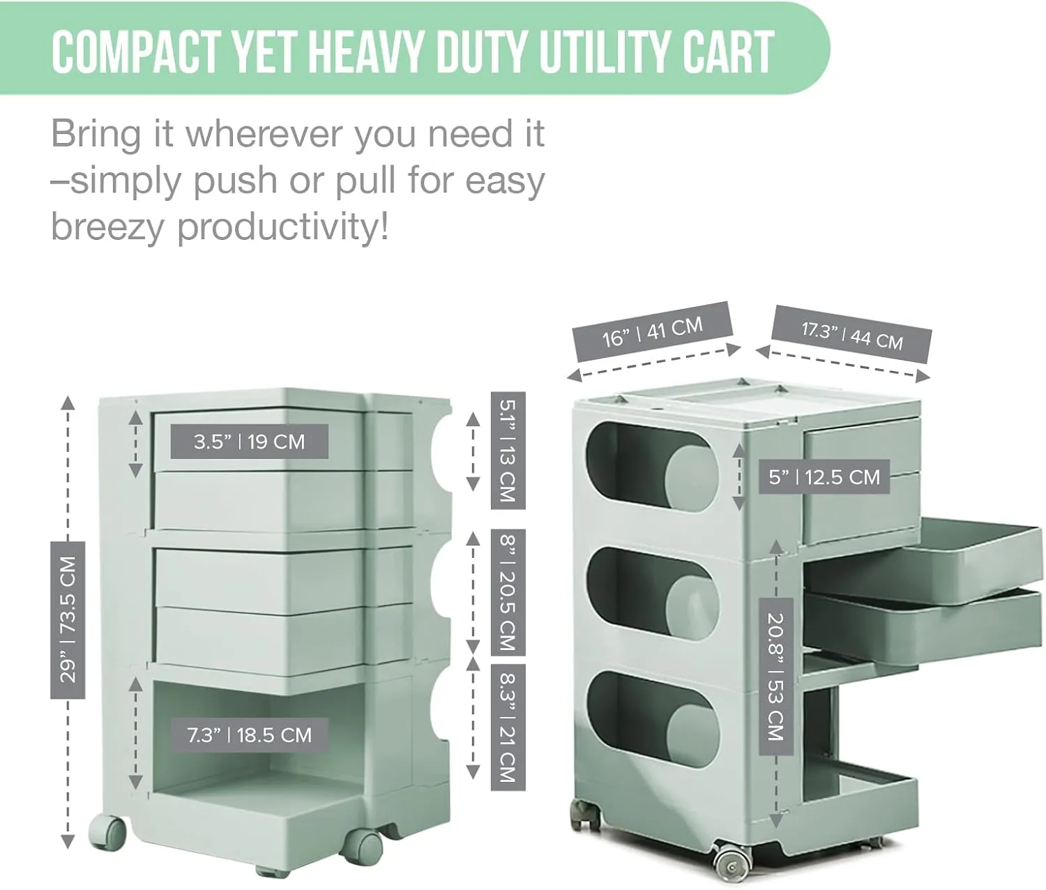 Multipurpose Utility Storage Cart - ABS Plastic Storage Caddy with Wheels and Slide Out Drawers - Professional Trolley Cart - Mobile Caddy for Salon Supplies, Kitchen Needs, Medical Tools - Light Teal