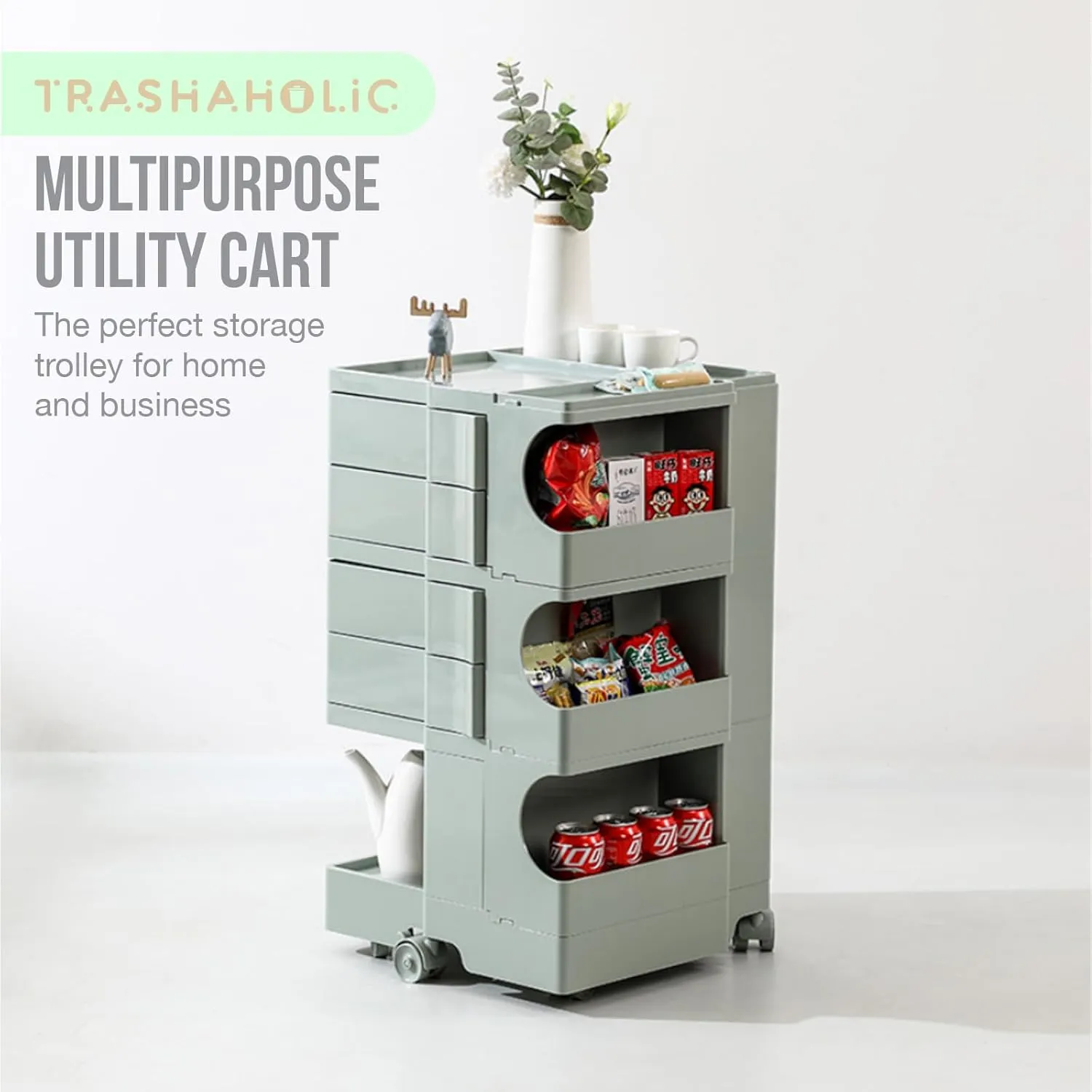 Multipurpose Utility Storage Cart - ABS Plastic Storage Caddy with Wheels and Slide Out Drawers - Professional Trolley Cart - Mobile Caddy for Salon Supplies, Kitchen Needs, Medical Tools - Light Teal