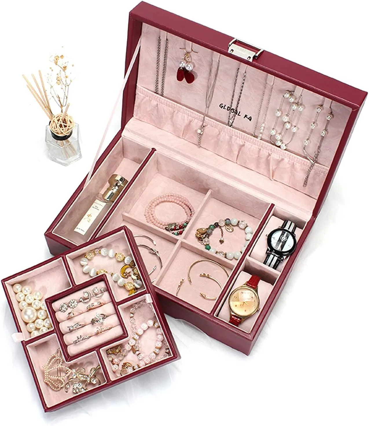 MUSUMI Jewelry Box PU Leather Jewelry Box Organizer with 2 Watch Case Removable Tray Jewelry Display Storage Case - Velvet Lining Earring Ring Bracelet Case Jewelry Box Organizer (A)