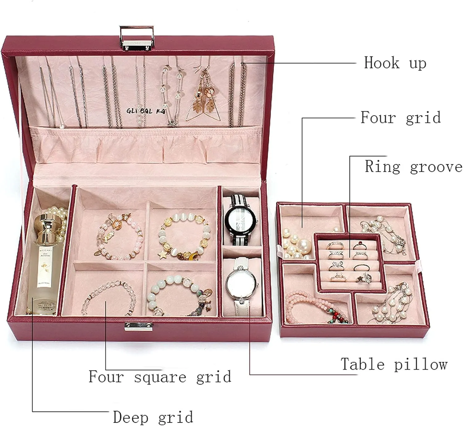 MUSUMI Jewelry Box PU Leather Jewelry Box Organizer with 2 Watch Case Removable Tray Jewelry Display Storage Case - Velvet Lining Earring Ring Bracelet Case Jewelry Box Organizer (A)