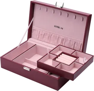 MUSUMI Jewelry Box PU Leather Jewelry Box Organizer with 2 Watch Case Removable Tray Jewelry Display Storage Case - Velvet Lining Earring Ring Bracelet Case Jewelry Box Organizer (A)