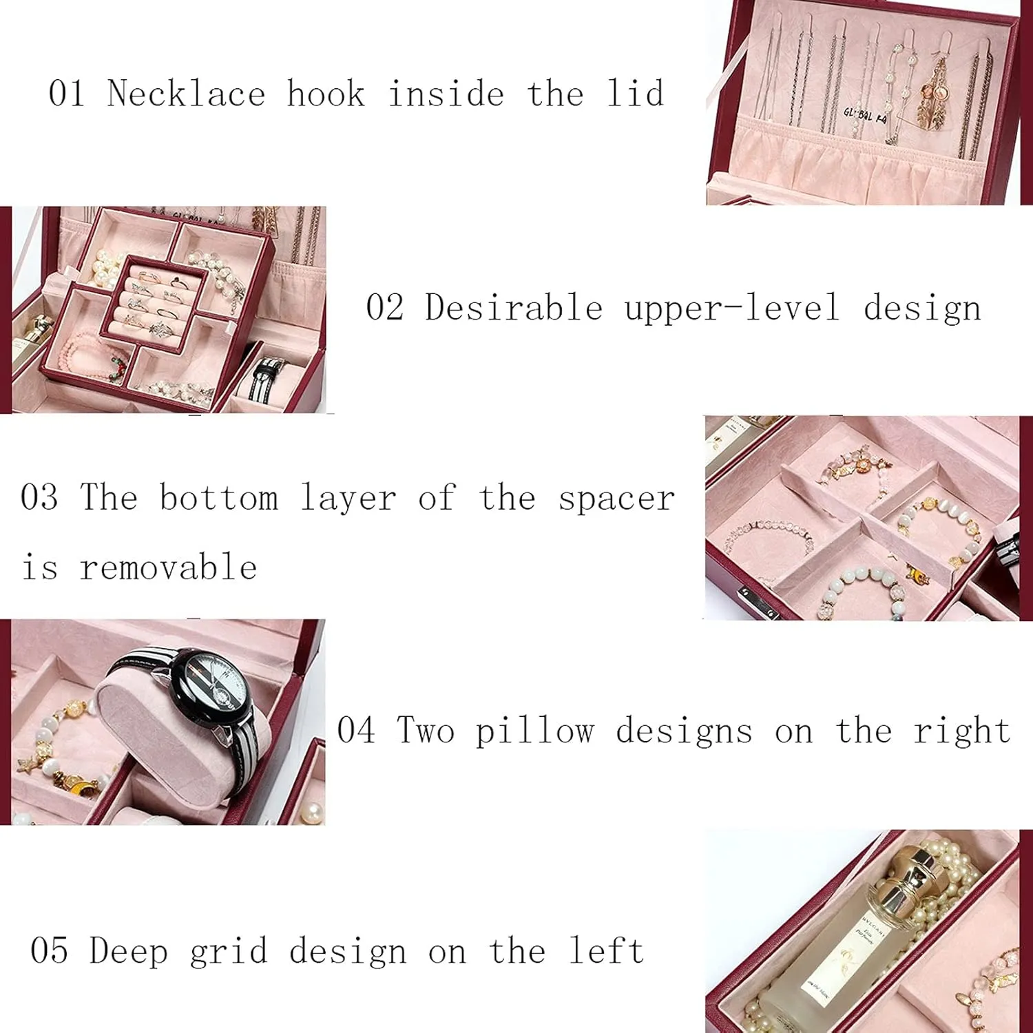 MUSUMI Jewelry Box PU Leather Jewelry Box Organizer with 2 Watch Case Removable Tray Jewelry Display Storage Case - Velvet Lining Earring Ring Bracelet Case Jewelry Box Organizer (A)