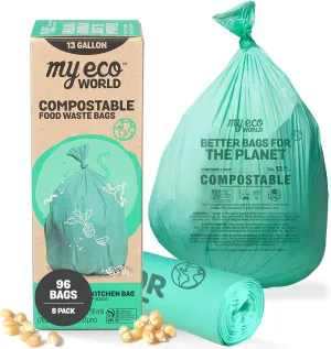 MyEcoWorld® Compostable Kitchen Waste Bags - 96 Count - 100% Certified Compostable - 13 Gallon - Super Strong - Leak Proof - Unscented - Easy to Open