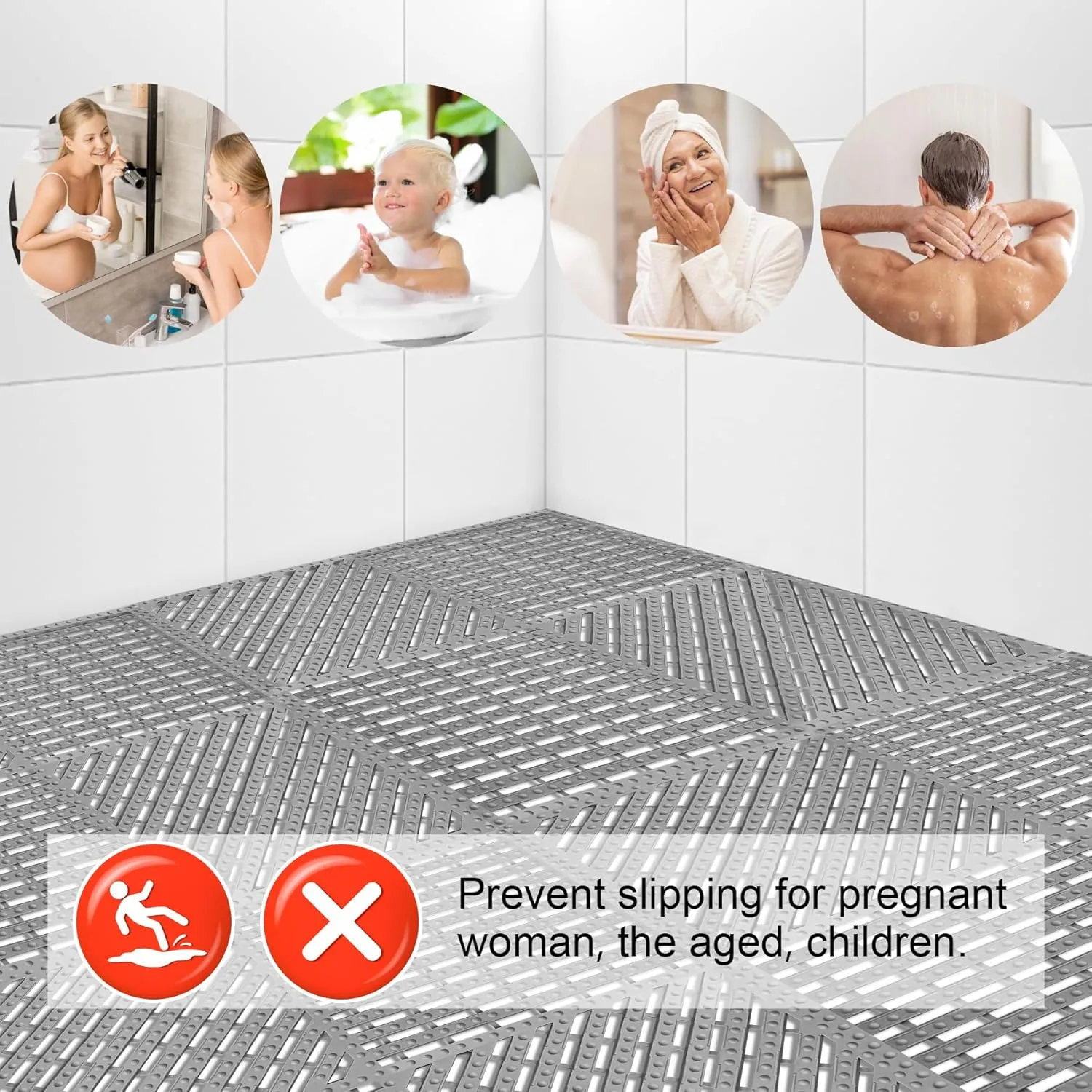 MYFAMIREA Modular Interlocking Cushion 12 Pack 11.8" x 11.8" Rubber Floor Tiles Non-Slip Splicing Drainage Mats for Deck, Pool, Shower, Patio, Balcony, Bathroom, Kitchen, Yard (1 Rows Dots, Gray)
