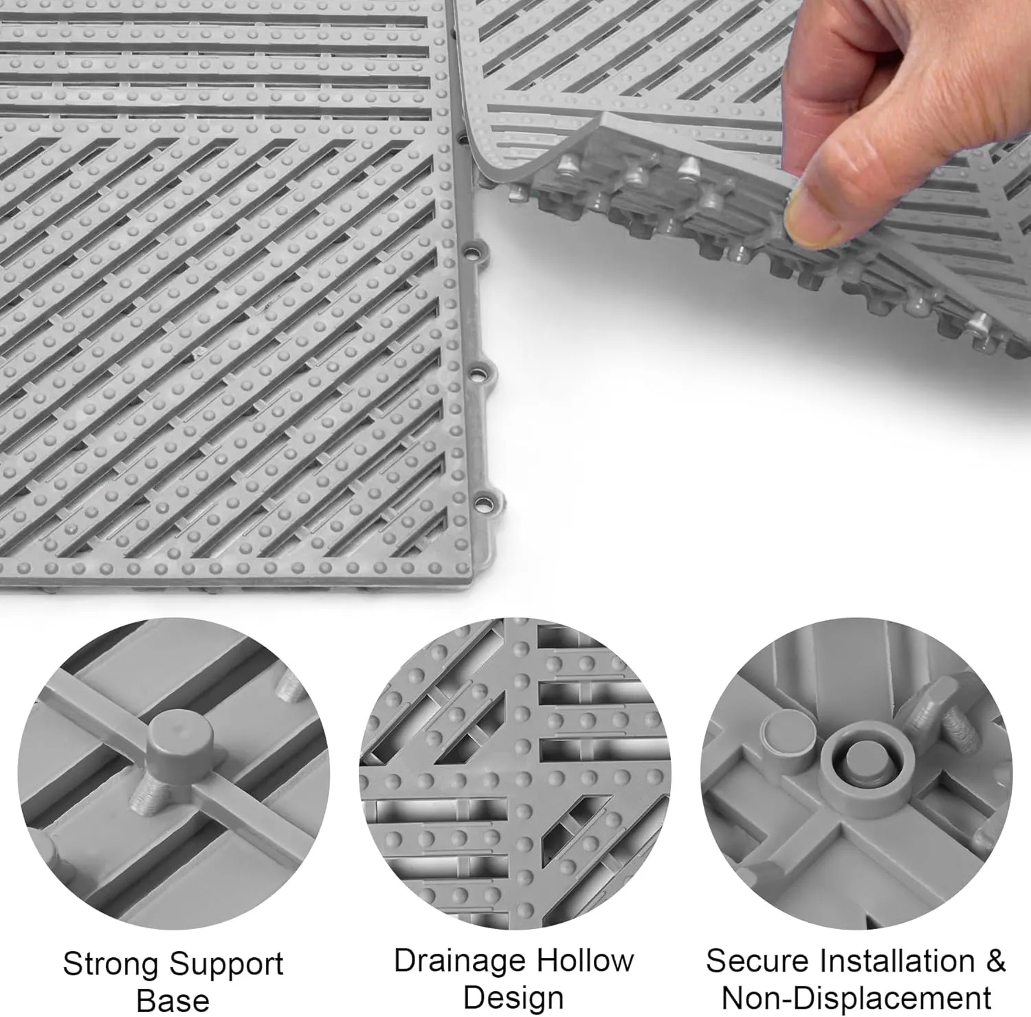 MYFAMIREA Modular Interlocking Cushion 12 Pack 11.8" x 11.8" Rubber Floor Tiles Non-Slip Splicing Drainage Mats for Deck, Pool, Shower, Patio, Balcony, Bathroom, Kitchen, Yard (1 Rows Dots, Gray)