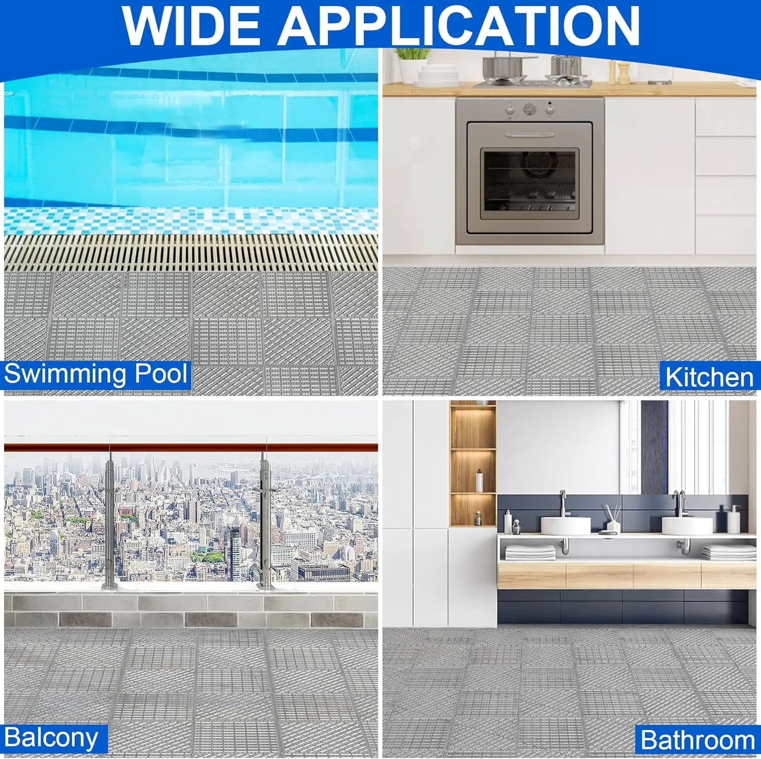 MYFAMIREA Modular Interlocking Cushion 12 Pack 11.8" x 11.8" Rubber Floor Tiles Non-Slip Splicing Drainage Mats for Deck, Pool, Shower, Patio, Balcony, Bathroom, Kitchen, Yard (1 Rows Dots, Gray)