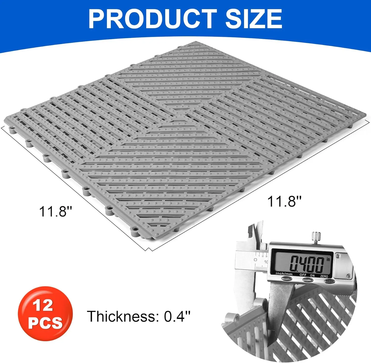 MYFAMIREA Modular Interlocking Cushion 12 Pack 11.8" x 11.8" Rubber Floor Tiles Non-Slip Splicing Drainage Mats for Deck, Pool, Shower, Patio, Balcony, Bathroom, Kitchen, Yard (1 Rows Dots, Gray)