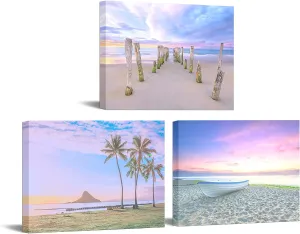 Nachic Wall 3 Panel Beach Wall Art Canvas Beautiful Hawaii Sunset Landscape Picture Prints Sea Palm Tree Painting Pink Colorful Bathroom Decoration