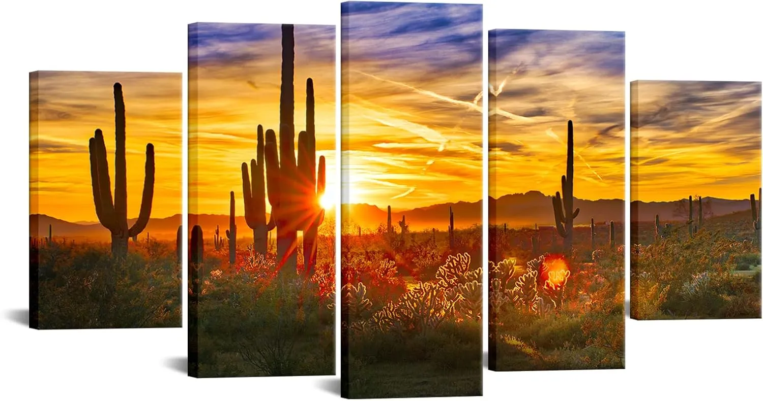Nachic Wall Arizona Desert Picture Canvas Prints Saguaros at Great Sunset Landscape Painting Prints American Scenery Poster Framed for Living Room Kitchen Decor