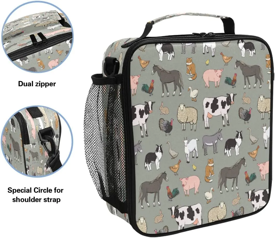 Nander Cartoon Farm Animals Lunch Box for Girls Kids Cooler Insulated Lunch Tote Bag with Shoulder Strap for School