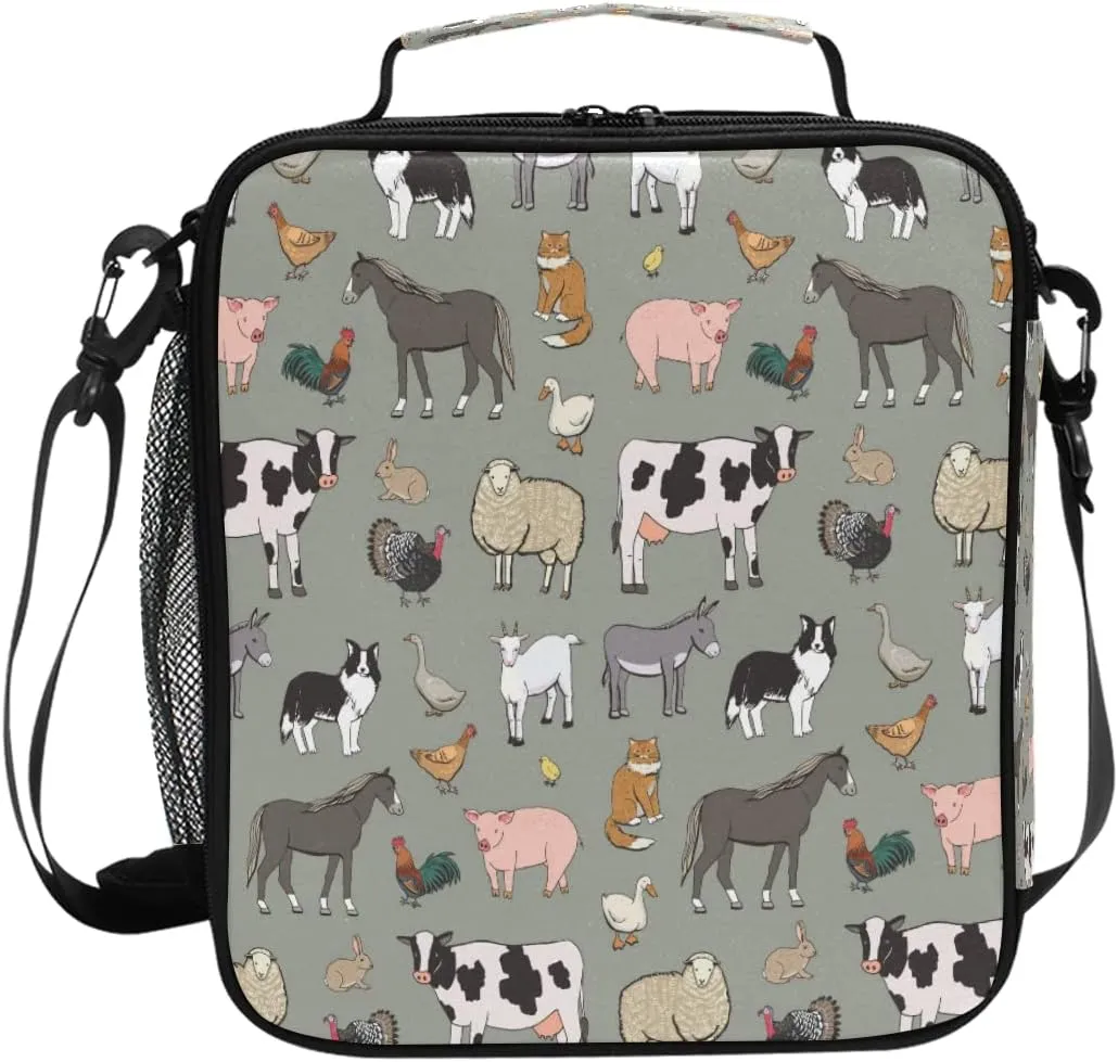Nander Cartoon Farm Animals Lunch Box for Girls Kids Cooler Insulated Lunch Tote Bag with Shoulder Strap for School