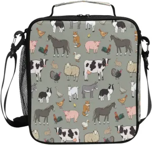 Nander Cartoon Farm Animals Lunch Box for Girls Kids Cooler Insulated Lunch Tote Bag with Shoulder Strap for School