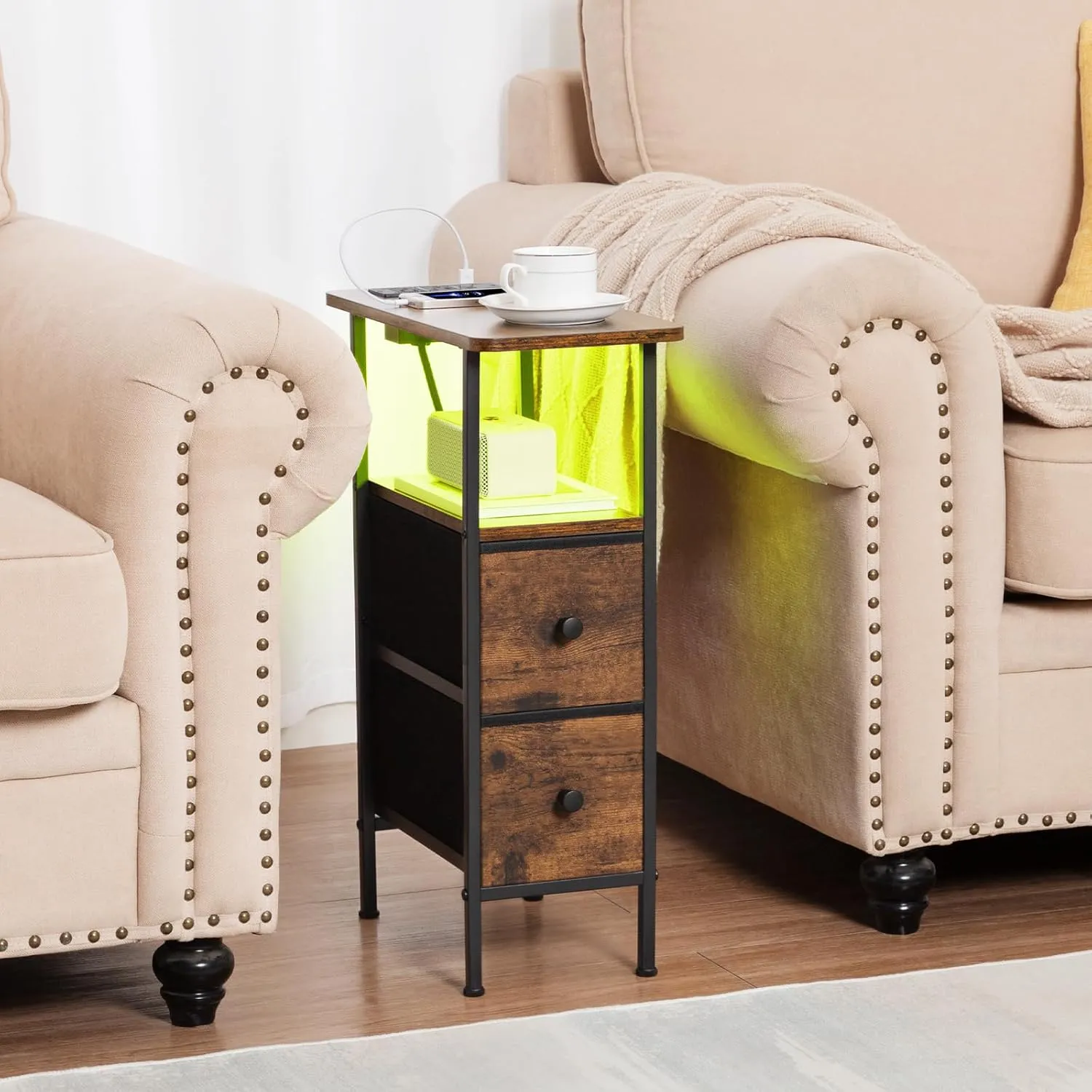 Narrow End Table Living Room with Charging Station, Skinny Side Table with Fabric Drawers, Slim LED Nightstand for Bedroom, Small Spaces, Couch, Brown, HETNDP02LBR-1