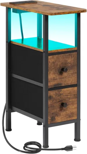 Narrow End Table Living Room with Charging Station, Skinny Side Table with Fabric Drawers, Slim LED Nightstand for Bedroom, Small Spaces, Couch, Brown, HETNDP02LBR-1