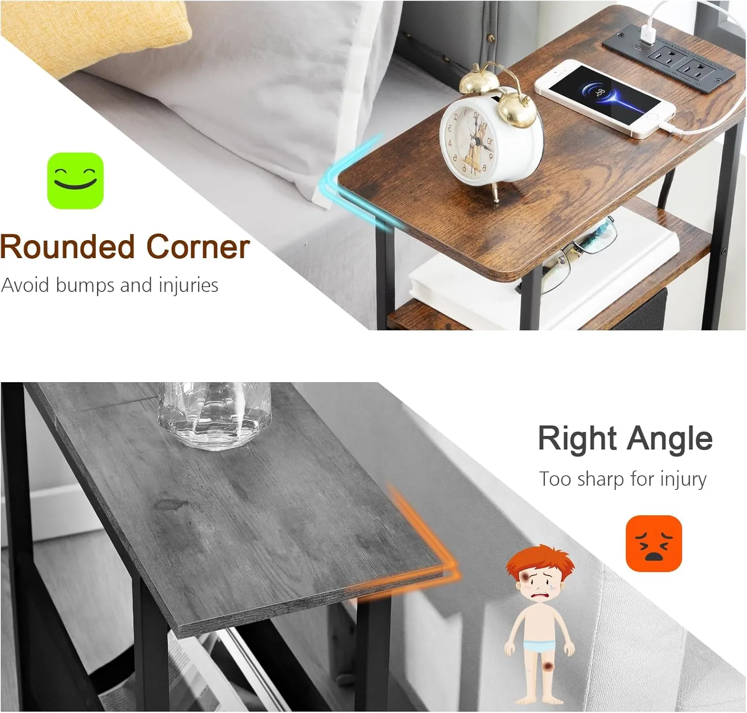 Narrow End Table Living Room with Charging Station, Skinny Side Table with Fabric Drawers, Slim LED Nightstand for Bedroom, Small Spaces, Couch, Brown, HETNDP02LBR-1
