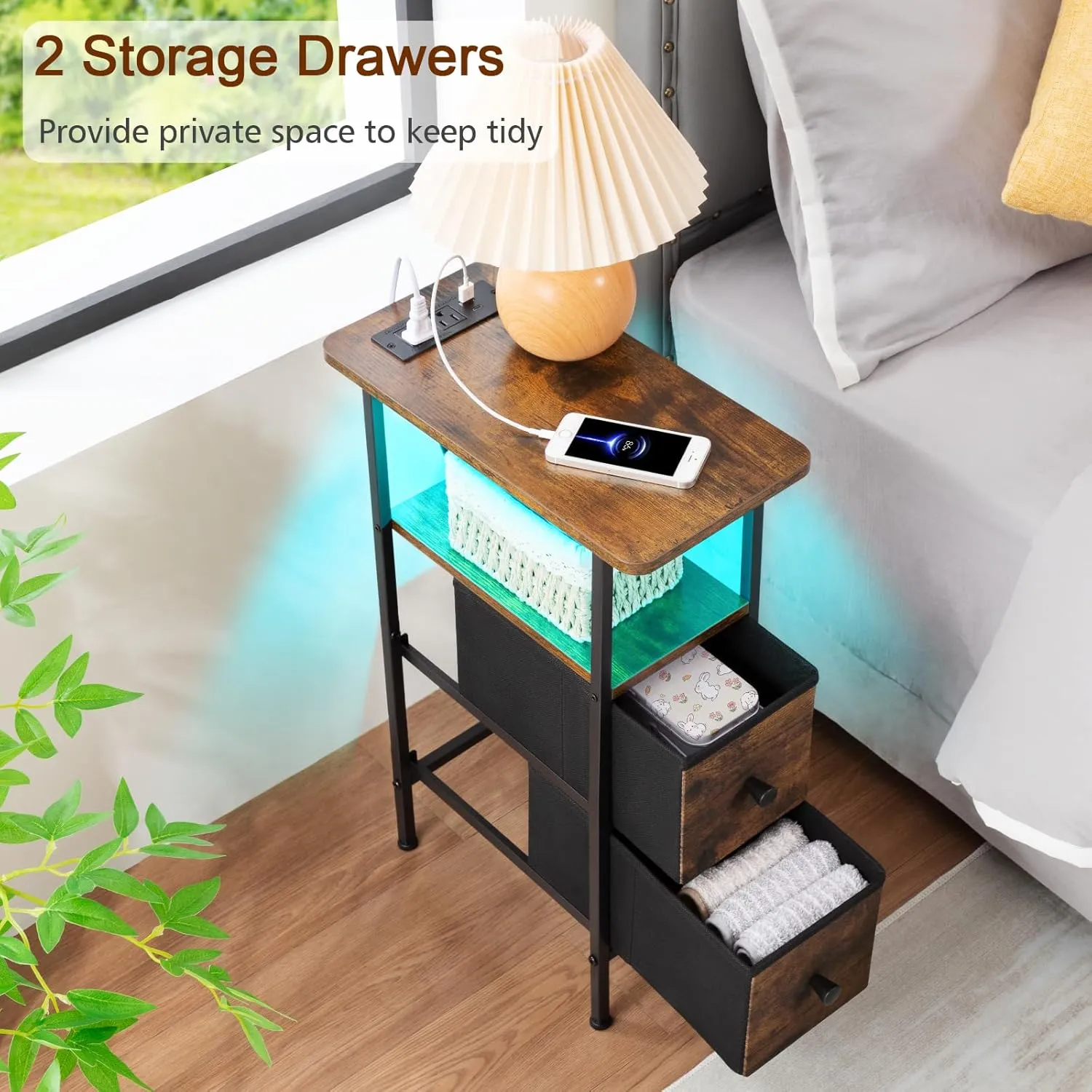 Narrow End Table Living Room with Charging Station, Skinny Side Table with Fabric Drawers, Slim LED Nightstand for Bedroom, Small Spaces, Couch, Brown, HETNDP02LBR-1