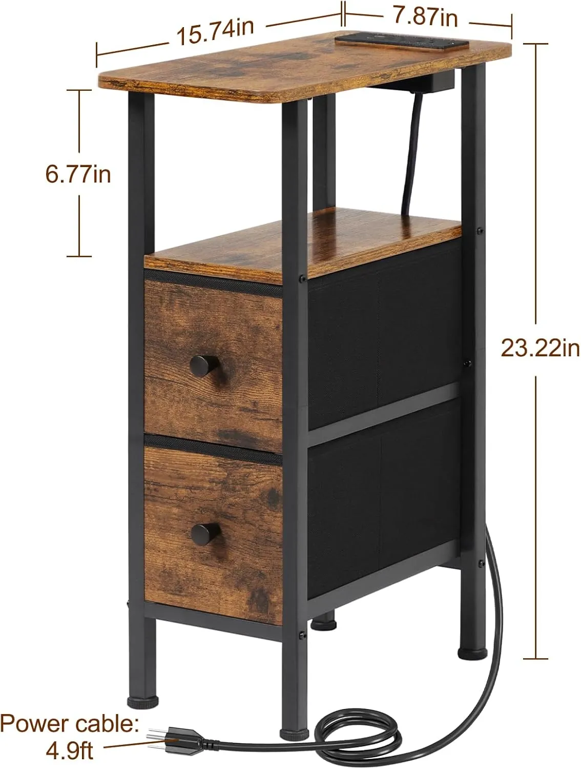 Narrow End Table Living Room with Charging Station, Skinny Side Table with Fabric Drawers, Slim LED Nightstand for Bedroom, Small Spaces, Couch, Brown, HETNDP02LBR-1